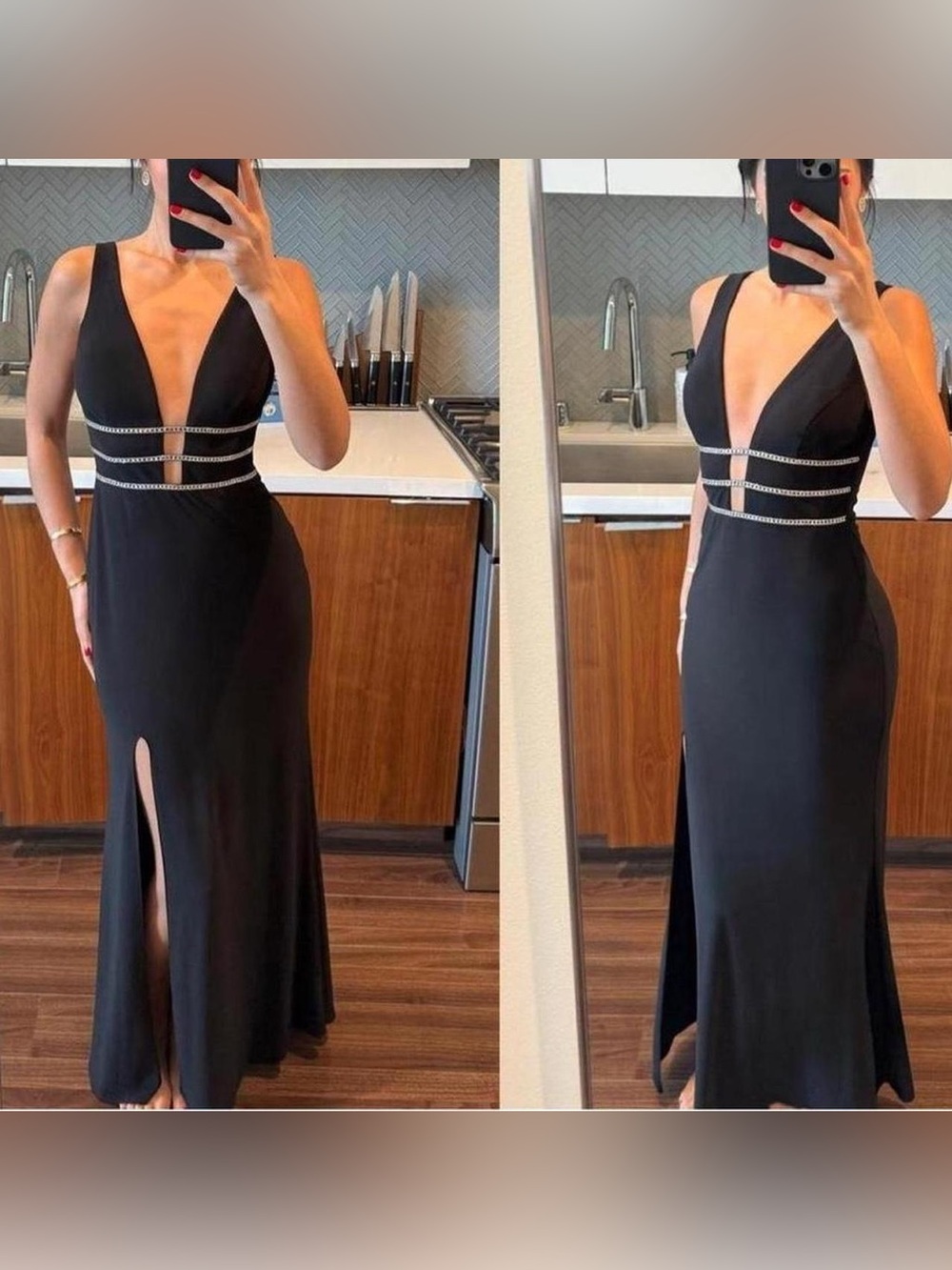 Blondie Nites Black Plunging V-Neck Prom Gown with Rhinestone Bands